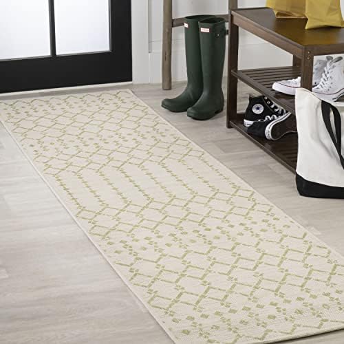 Eyely Moroccan Woven Runner Rug 2X8 Cream/Green, Indoor Outdoor Rug by eyely