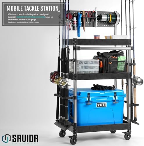 Savior Equipment Mobile Tackle Station Pro 16 Fishing Rod Holder Cart w/Wheels, Adjustable Rack For Different Rod & Reel, 3-Level Fishing Gear Storage Pole Organizer For Garage Home Indoor Use, Black - Image 2