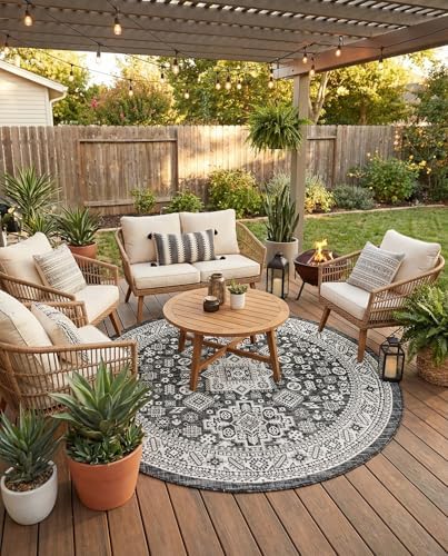 Rugs.com - Outdoor Aztec Rug – 8 Ft Round Charcoal Gray Indoor/Outdoor Rug – Perfect for Patios, Decks, Porches, and Outdoor Entertaining Spaces by Rugscom