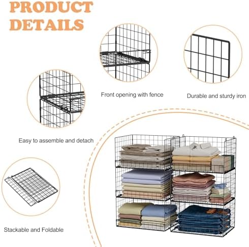 Yociyoga 6-Tier Stackable Closet Organizers and Storage Shelves, Closet Shelf Organizer Basket Bins, Foldable Sweater Storage for Clothes Organizer System, Black（Patent No. 30022416） - Image 5