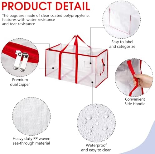 Aliceset 12-Pack Clear Moving Bags 90.84L Heavy Duty Extra Large Storage Totes with Reinforced Handles & Zippers, for Moving, College Dorm, Traveling(Red) - Image 3