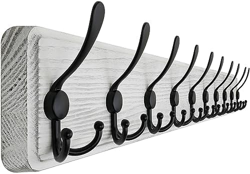 SKOLOO Coat Rack Wall Mounted - 38.3'' Long, Wooden, Heavy Duty, Rustic Coat Hooks for Wall, Wall Coat Rack with 10 Triple Hooks for Hanging Clothes, Jacket, Hat(Weathered White) by SKOLOO