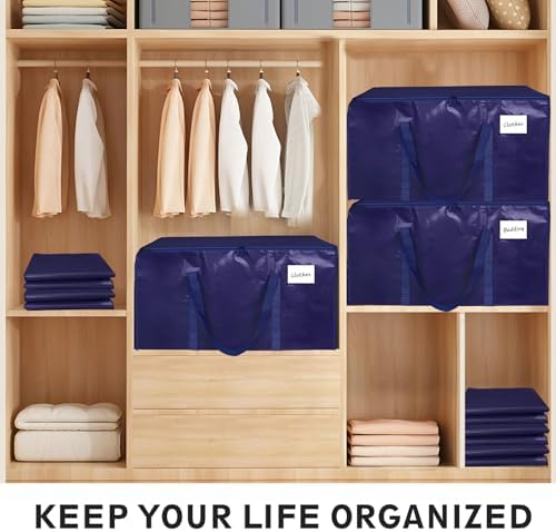 16 Pack-Extra Large Heavy Duty Moving Bags - Waterproof Storage Totes with Handles & Zippers, Foldable for College Dorm, Storage (Dark Blue) - Image 5