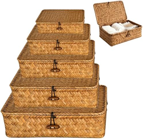 Wicker Basket with Lid,Seagrass Flat Storage Bins, Set of 5 by Unknown