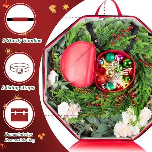BrilliantJo 2 Pack Wreath Storage Christmas Garlands Bag with Interior Pockets Large Xmas Container Box for holiday Decorations Case with Dual Zipper and Handles Window Labeling Card Slot 24" Red - Image 4