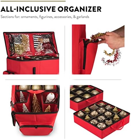 ZOBER All in One Christmas Ornament Storage Box & Decoration Container - Easy Access Removable Trays, Keeps 73 Ornaments - Adjustable Extent Area for Figurines and Pockets for Decoration - Red - Image 3