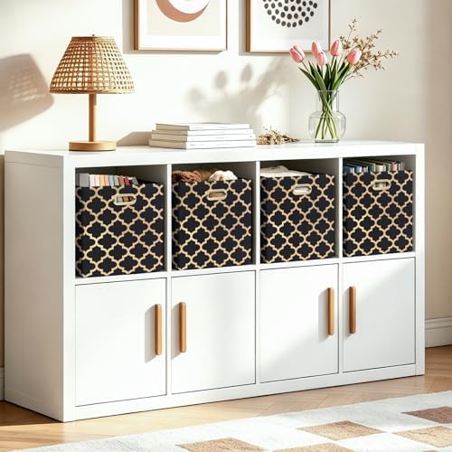 Posprica 13x13x13 Storage Cube Bins, Collapsible Storage Bins Fabric Storage Cubes Organizer Baskets Box Drawers for Shelves, Closet, Wardrobe, Bookshelf, Cabinet,(Set of 4, Black/Gold lantern) - Image 7