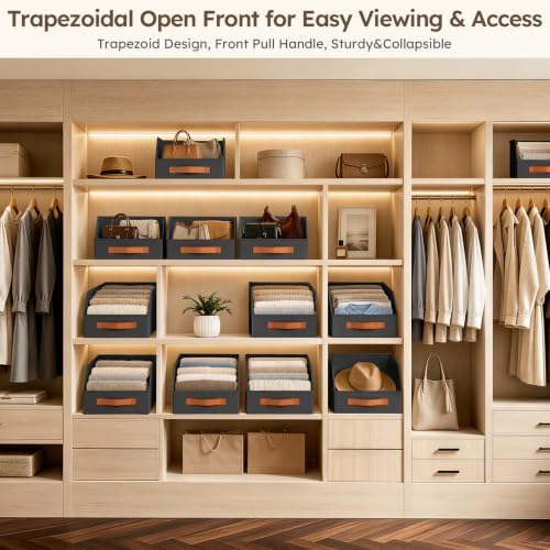 Homsorout Fabric Storage Bins for Organizing - 12 Pack Large Trapezoid Collapsible Storage Bins with Front Handle, Closet Organizers and Storage for Bedroom, Home Shelves, Small Spaces, Black - Image 2