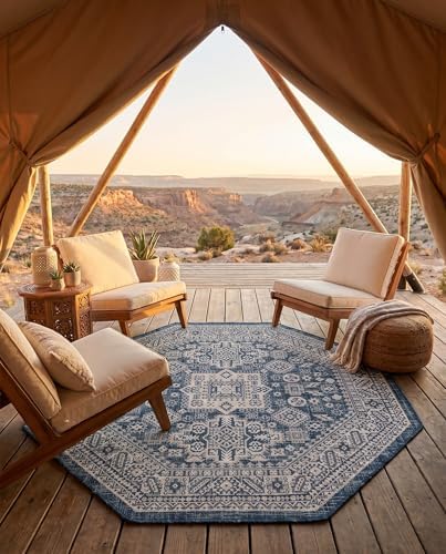 Rugs.com - Outdoor Aztec Rug – 5 Ft Octagon Blue Indoor/Outdoor Rug – Weather Resistant Flatweave for Patio, Deck, and Porch - Image 7