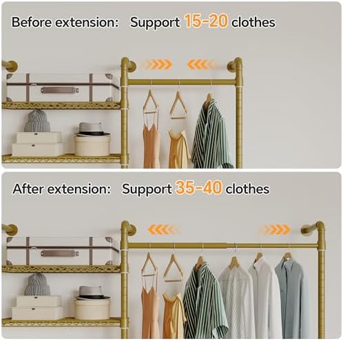 Higeego W4 Wall Mounted Clothes Rack, Industrial Pipe Clothing Rack, Gold - Image 4