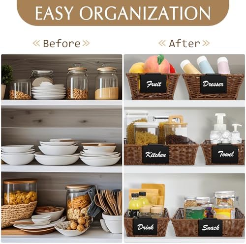 Marsui 9 Pcs Wicker Storage Baskets for Pantry Organization with Handle Labels Handwoven Multi-size Dark Brown Small Organizer Baskets Storage Bin Container for Shelves Closet Toilet Christmas Holiday - Image 6