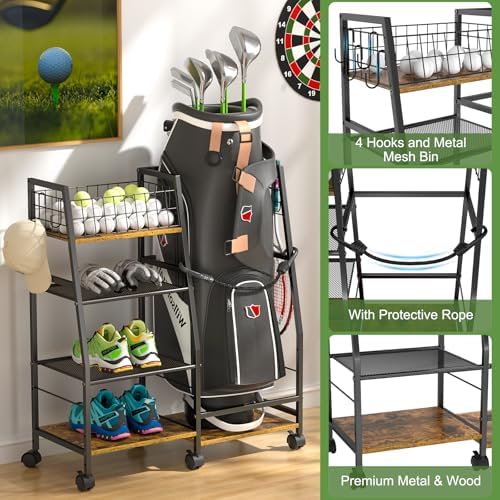 DAOUTIME Golf Bag Garage Storage Rack with Wheels, Organizer for Single Golf Bag and Equipment Accessories, Ideal for Home, Garage, Club, Shed, Basement - Sturdy Wood and Metal Construction (Black) - Image 2