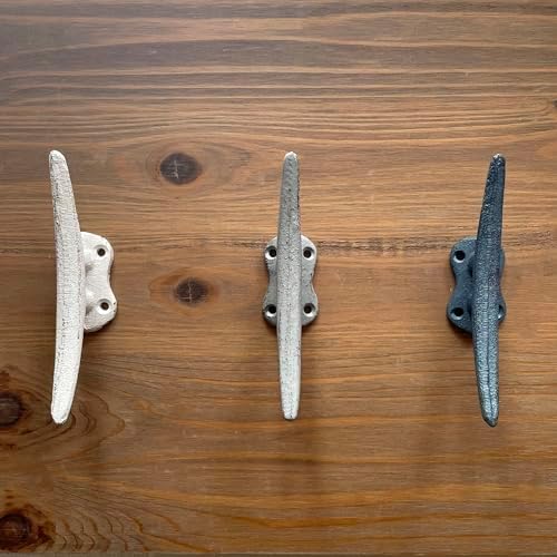 Zeckos Set of 3 Boat Cleat Wall Hooks, 5.5 Inch Blue Gray White Cast Iron - Image 4