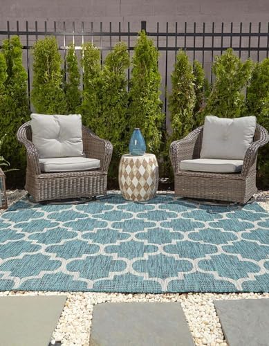 Unique Loom Outdoor Trellis Collection Area Rug (6' 1" Square Teal/Gray) - Image 4