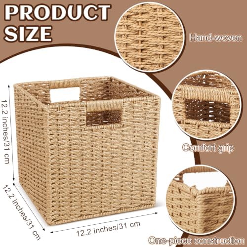 Newtay 6 Pcs Wicker Storage Baskets 12.2 x 12.2in Cube Storage Bin Organizer Camel Square Foldable Wicker Baskets for Shelves Organizing Decor Laundry Pantry Toys - Image 2