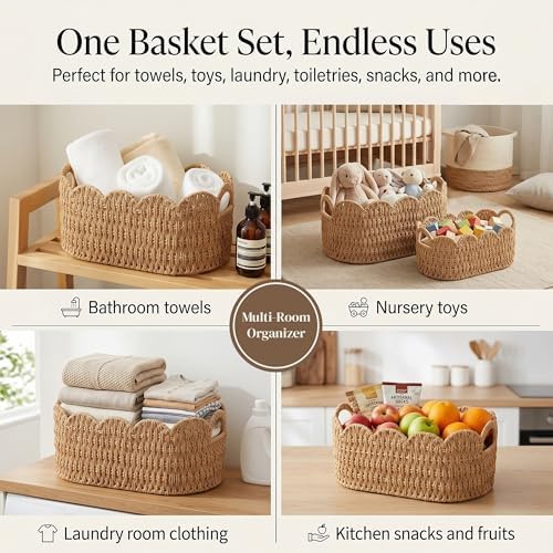 Scalloped Woven Storage Basket Set of 2 – Handwoven Paper Rope Organizer Bins with Handles for Shelves, Towels, Toys, Laundry & Nursery Storage – Decorative Boho Farmhouse Basket Set - Image 5