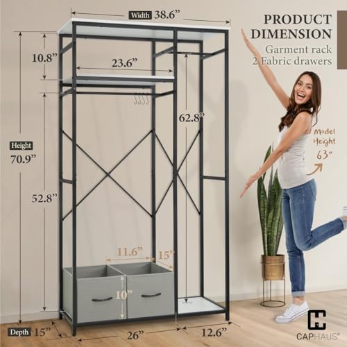 CAPHAUS 550 lbs Capacity Heavy Duty Clothing Rack, 40" W Metal Garment Rack with Drawers Hanging Rods and Wood Shelves Freestanding Closet Organizer, White Board - Image 2