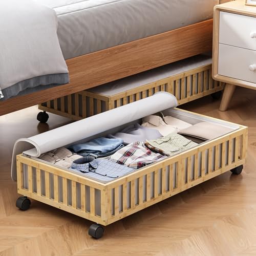 2 Pack Large Bamboo Under Bed Storage Containers with Wheels, Nature by MHXWSXPN