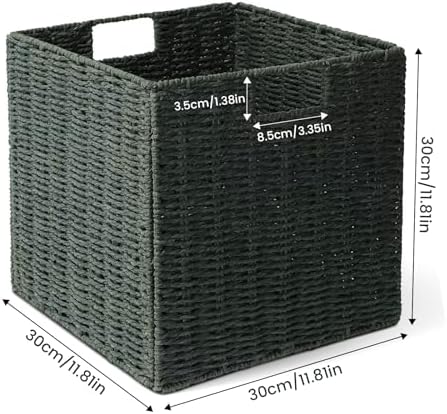 Set of 2 Hand-Woven Paper Rope Wicker Baskets, Storage Basket, Foldable Cube Storage Bins, Green Storage Cubes, Square Baskets for Organizing Shelves, 12x12x12in - Image 3