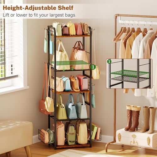 Tall 5-Tier Purse Organizer for Closet, Purse Rack Stand for Purse Storage, Metal & Wood Handbag Organizer with 4 Side Hooks and 2 Baskets, Space-Saving Narrow Purse Shelf for Small Space, Bedroom - Image 4