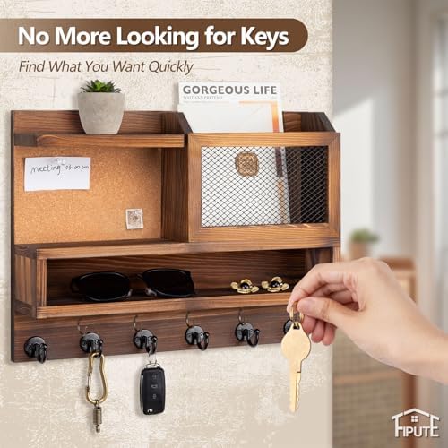 Key Holder for Wall with Mail Organizer,Farmhouse Mail and Key Holder for Wall,Key Hanger with ‌Metal 11 Hooks,Corkboard,and Shelf,Decorative Natural Pine Wood Entryway Organizer,14.6*11.1*3.3”,Brown - Image 5