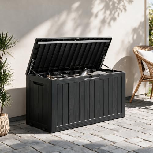 92 Gal Deck Box,Waterproof Resin Outdoor Storage Gas Lift,Lockable Black - Image 2