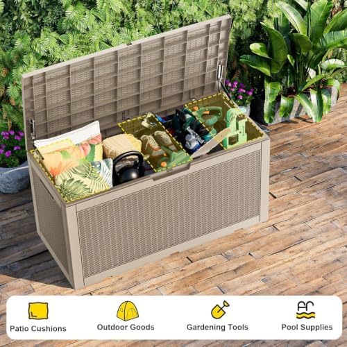 170 Gallon Resin Deck Box, Lockable Waterproof UV‑Resistant Outdoor Storage Outside Bench for Patio Porch, Pool Floats, Garden Tools & Cushions, Grey - Image 4