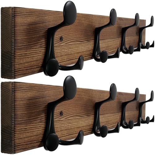 WEBI Coat Rack Wall Mount,24" Solid Wood Coat Hooks Wall Mounted Coat Hanger,16" Hole to Hole,Heavy Duty Hook Rack,4 Triple Hooks for Hanging Coats,Jacket,Hat,Backpack,Farmhouse,Brown,2 Packs by WEBI