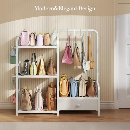 Purse Organizer for Closet, with Bottom Drawer, Extra Large Capacity 3 Tier Handbag Storage Rack for Women, 10 Purse Hanger and Hooks for Bag Organizer, Floor-Standing, Home, Living Room (White) - Image 6