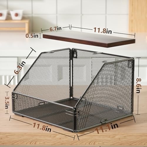 Stackable Fruit Basket for Kitchen Countertop Space Saving, Wall Mounted Mesh Metal Wire Basket with Wood Lid Extra Storage, 2 Pack Kitchen Counter Organizer for Snack, Onion and Potato Storage, Black - Image 2