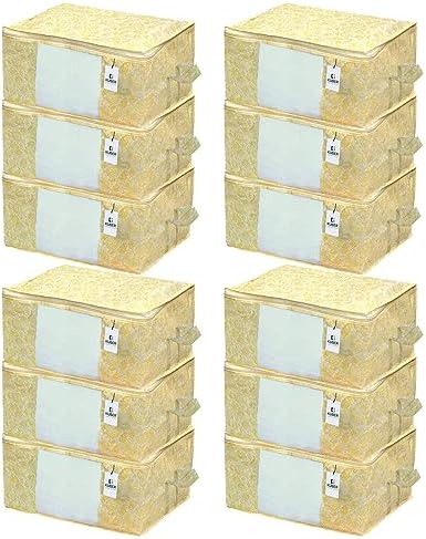 Kuber Industries Foldable Underbed Storage Bag|Organizer For Clothes Large|Non-Woven Comforter, Blanket Cover|Metalic Print & Side Handle|Pack of 12 (Yellow & Cream) by Kuber+Industries