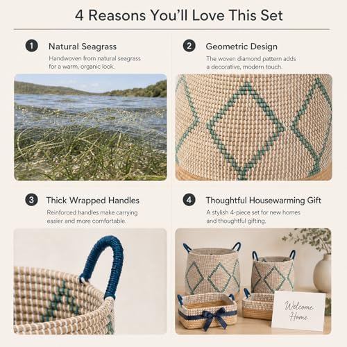 Handmade Seagrass Storage Basket Set - 4 Pack with Built-in Carry Handles, 7.6-49L Capacity, Multi-Size Large Capacity Organizer for Home, Bedroom, Living Room, 96.3L Total - Image 7