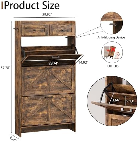 Shoe Cabinet with 3 Flip Drawers & 2 Top Drawers, 57" Tall Freestanding Narrow Wooden Shoe Storage Organizer for Entryway, Hidden Slim Shoe Rack for Front Door Entrance, Hallway, Living Room, Brown - Image 2