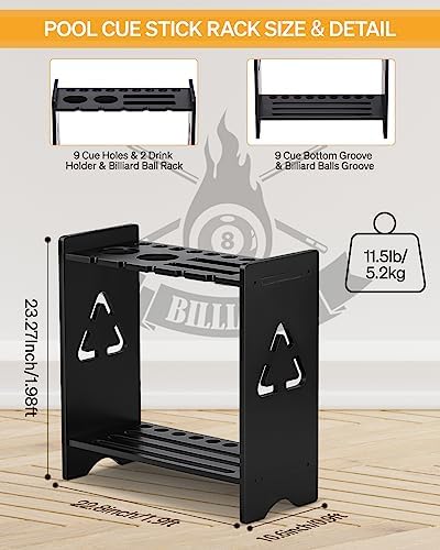 EXTCCT Pool Stick Holder Floor Stand, Wood with 2 Cup Holders, Black - Image 3