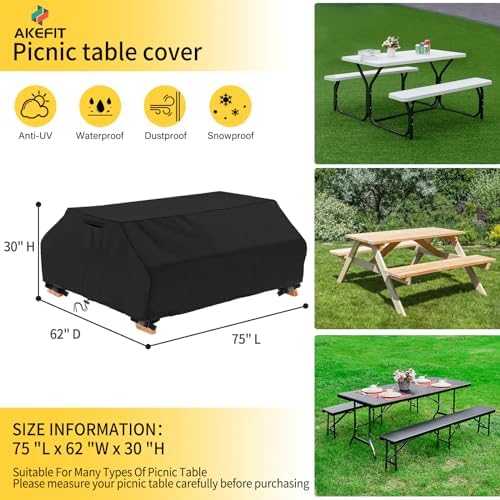 AKEfit Waterproof Picnic Table Covers 6FT Heavy Duty Oxford Cloth Wind Dust Proof Anti-UV Outdoor Indoor Patio Picnic Table Bench Cover 70/72 Inch,Black - Image 2