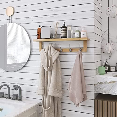 SMIBUY Coat Hooks with Shelf Wall-Mounted, 29.2 Inch Entryway Coat Rack for Wall, Bamboo Hanging Shelf with 5 Double Metal Hooks for Bathroom, Bedroom, Kitchen, Living Room, Mudroom (Natural) - Image 3