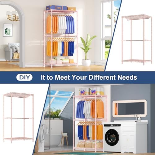 Ulif E12 Pro Clothes Rack，Heavy Duty Freestanding Garment Rack with Shelves，Metal Clothing Closet Storage System for Hanging Clothes，71" W x 16" D x 76.5" H, Hold 960 lbs，Pink - Image 5