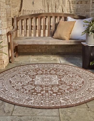 Rugs.com Outdoor Aztec Collection Rug – 13 Ft Round Brown Flatweave-Pile Rug Perfect for Kitchens, Dining Rooms - Image 3