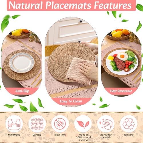 6 Sets Boho Placemat Table Runner Napkin Rings, Pink, 12x72 - Image 6