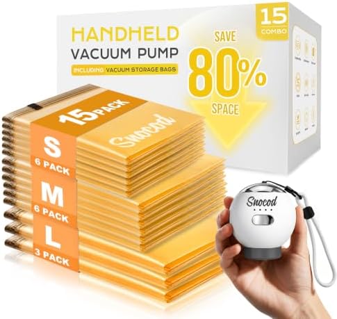 Travel Vacuum Bags with Pump, 15 Pack Vacuum Storage Bags for Clothing, Brushless Motor Type-C Rechargeable Pump, Compression Packing Bags for Travel, Suitcase, Closet and Home Storage, White by SNOCOD