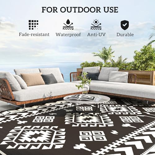 Outsunny Outdoor Rug for Patio Waterproof 9' x 18' Black & White Rhombus - Image 6
