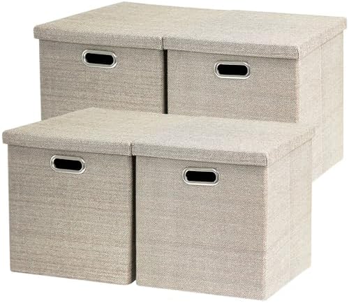 Storage Bins with Lids,13 x 13 Inch Foldable Fabric Cube Baskets Boxes Organizer for Closet, Shelves, and Home. (Khaki, (13x13) 4 pack) by EITMOW