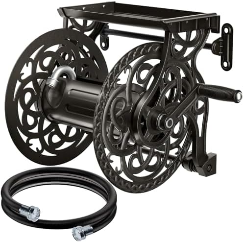 Metal Wall Mount Garden Hose Reel for Outside, Holds 125 ft x 5/8'' Hose Storage, Decorative Heavy Duty Water Hose Holder Aluminum Frame, No-Leak Aluminum Water System, Easy Assmbly, Dark Bronze by AQUAZILLA