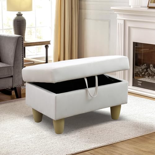 28.5'' Ottoman with Storage, Flannel Ottoman Foot Rest for Living Room Upholstered Footstool, Perfect Storage Ottoman Bench Bag Floor Chair for Bedroom or Entryway, White - Image 3