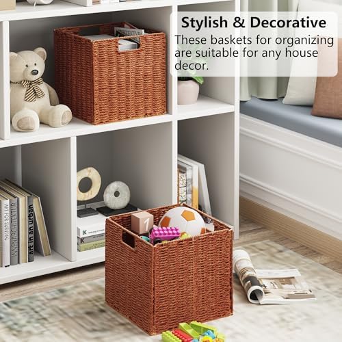 Vagusicc Wicker Storage Basket, Set of 2 Hand-Woven Paper Rope Wicker Baskets, Foldable Cube Storage Bins, 11 inch Storage Basket, Square Baskets for Organizing Shelves & Decor, Orange (11″×11″×11″) - Image 4
