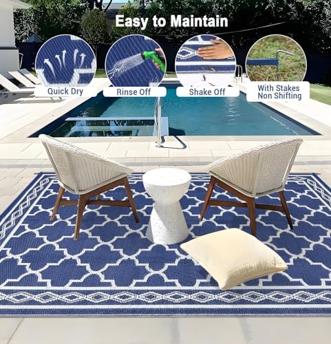 GlowSol Outdoor Rug 8x10 Waterproof Outdoor Plastic Straw Rug for Camping with Carry Bag, Reversible Easy Cleaning Portable Patio Rugs Mat Outside Carpet for RV Patio Backyard Deck Picnic,Dark Blue - Image 6