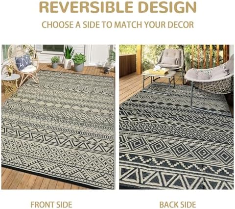 Reversible Mat 8x10 Plastic Straw Rug Outdoor Rug Bohemian Area Rug Waterproof Patio Rug Outdoor Camping Rug for RV Porch Deck Camper Balcony Backyard Easy Cleaning Picnic Mat Black Beige - Image 7