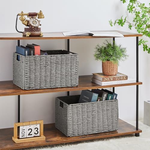 Vagusicc Wicker Storage Basket, Set of 2 Hand-Woven Paper Rope Wicker Basket, Small Storage Baskets for Organizing Toilet Paper Basket, Foldable Large Cube Storage Organizer Bins for Shelves (Grey) - Image 5