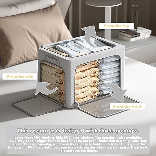 3Pack Clothes Storage Bins - Oxford Frame Storage Box Foldable Stackable Storage Organizer with 3 Openings Design, Metal Frame, Clear Window, Carry Handles (66L-19.7 * 15.7 * 13, Grey) - Image 2