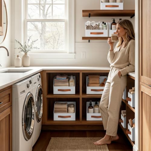 Homsorout Fabric Storage Bins for Organizing - 10 Pack Large Trapezoid Collapsible Storage Bins with Front Handle, Closet Organizers and Storage for Bedroom, Home Shelves, Small Spaces, White - Image 5